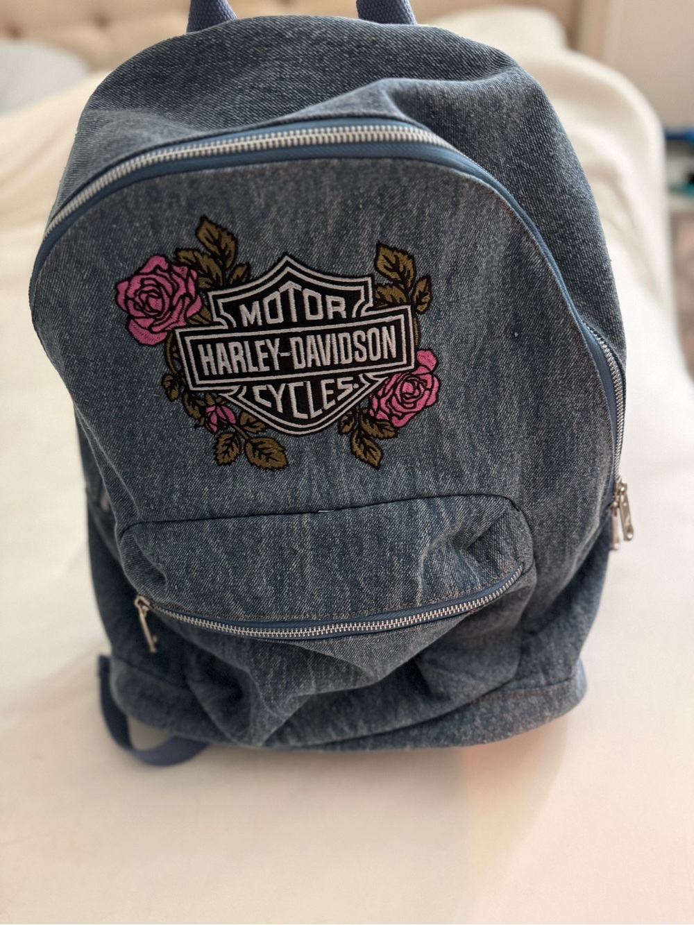 Harley-Davidson Denim Blue Backpack with Pink Rose Patch
